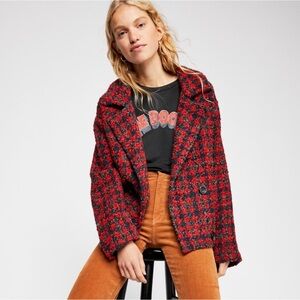 Free People Boucle Baby Coat Houndstooth Red Wool Blend Jacket Women’s Size S